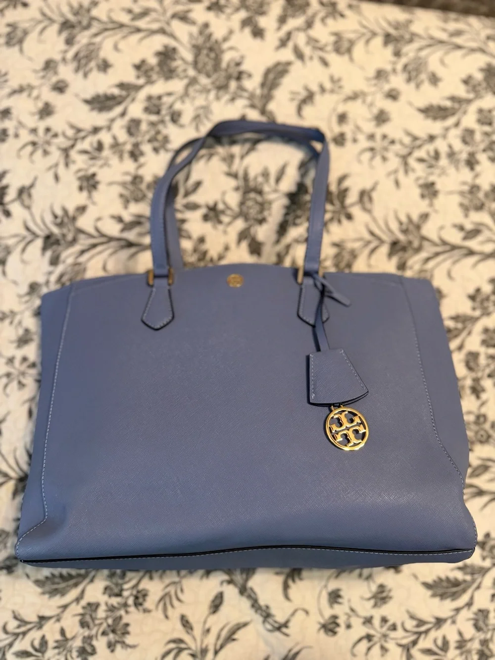 Tory Burch Periwinkle Leather Robinson Tote with Gold Logo Charm